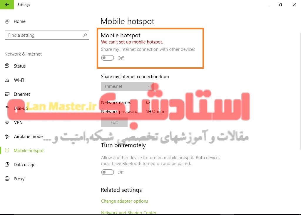 رفع مشکل استارت نشدن hotspot در ویندوز 10 We cannot setup mobile hotspot